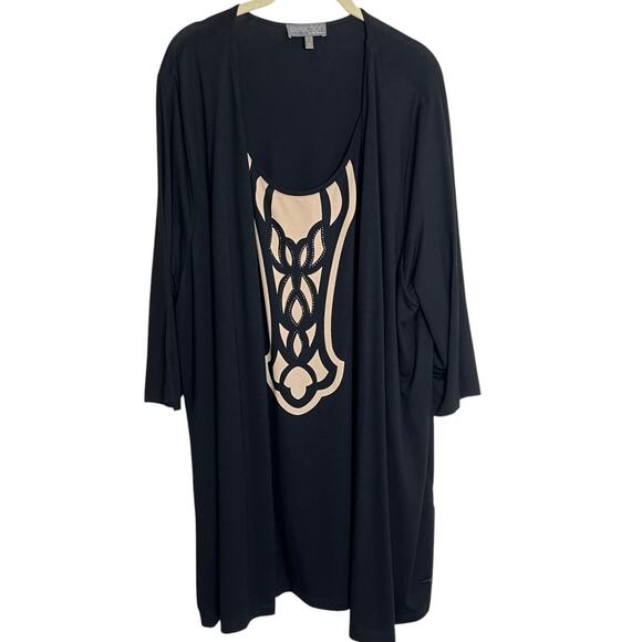 Ulla Popken Womens Tunic Top 20/22 Black Beige Geometric Studded 3/4 Sleeve - Picture 1 of 7